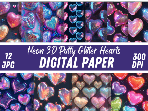 Download Neon 3D Puffy Glitter Hearts Patterns - Hearts Collection